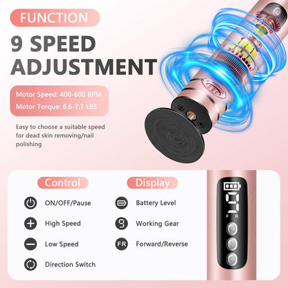 EAONE Portable Electric Foot File-Callus Remover for Feet, Professional 2 in 1 Foot/Nail Filer -Digital Display for Battery Level & 9 Speed Control-Rechargeable Pedicure Tool for Dead Skin (Rose Gold)