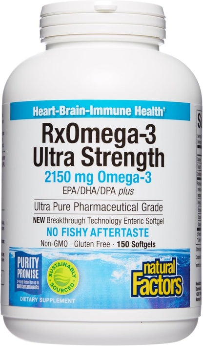 Natural Factors Ultra Strength RxOmega-3 Fish Oil, High Potency Formula, 2,150 mg Omega-3 Per Serving, No Fishy Aftertaste, 150 Softgels
