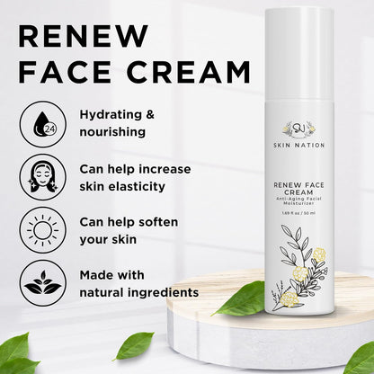 Skin Nation Renew Face Cream, Hydrating Moisturizer with Peptides, Hyaluronic Acid & Green Tea, Lightweight Plant-Based Cream for Smooth, Radiant Skin, 1.69 fl oz