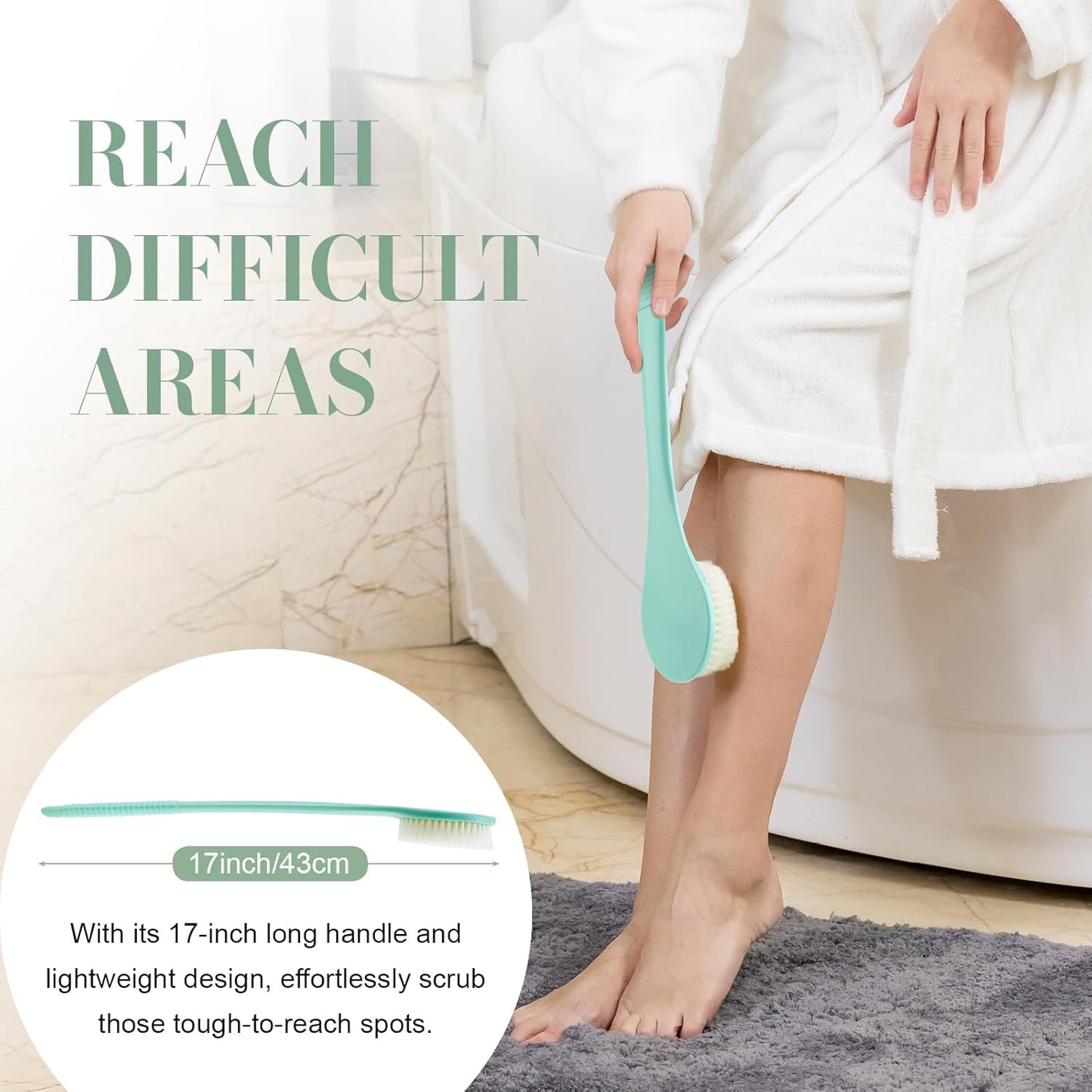 Back Scrubber for Shower, Shower Body Brush for Cleaning with Long Handle for Showering, 17 Inch Back Washer Exfoliator for Shower Men Women with Non-Slip Handle, Adhesive Hook (Celadon Green)