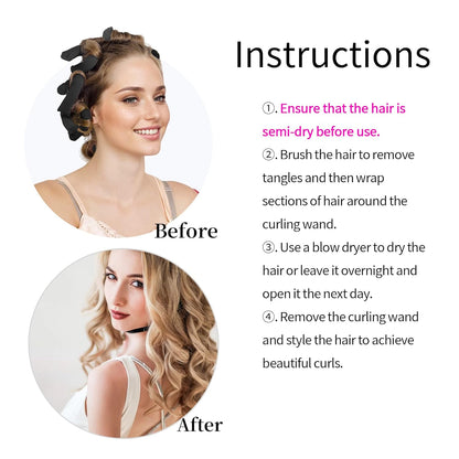 Black Satin Covered Heatless Overnight Curling Rods for Curls and Straight Short Hair - 6Pcs