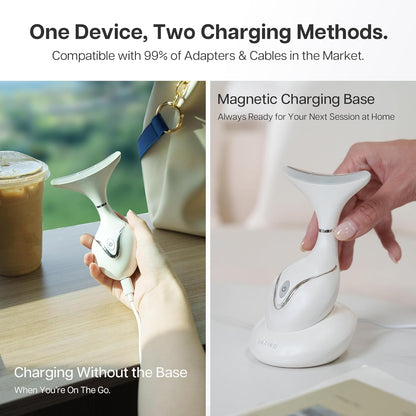 Iris Neck Face Massager, Pro Face Sculpting Tool with Charging Base, All-in-1 Facial Device for Enhanced Absorption, Radiance, Contouring, Elasticity, Home Facial Spa (White)