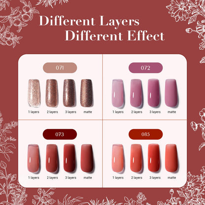 AZUREBEAUTY Nail Polish Set, 4 Colors Rose Red Purple Glitter Quick Dry Natural Nail Lacquer Strengthening Treatment Kit with Top Coat DIY Salon at Home