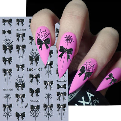 6 Sheets Halloween Nail Art Stickers 3D Self -Adhesive Black Bow Spider Web Nail Decals Holographic Bat Blood Drops Nail Stickers Halloween Nail Decoration for Women Manicure Supplies
