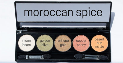 Moroccan Spice Shimmer White, Olive Green, Gold, Copper Penny Red, and Light Matte Orange Vegan Eyeshadow Palette; Talc, Paraben & Cruelty Free