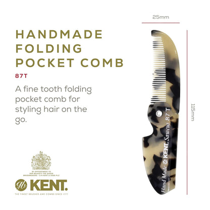 Kent 87T TW Handmade Folding Pocket Comb for Men, Fine Tooth Hair Comb Straightener for Everyday Grooming Styling Hair, Beard or Mustache, Use Dry or with Balms, Saw Cut Hand Polished, Made in England