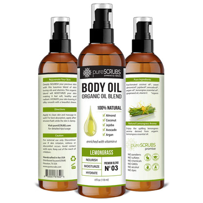 pureSCRUBS Ultra Moisturizing Lemongrass Body Oil Spray for Dry Skin, Massage, & More, Organic Super Blend of Jojoba, Argan, Coconut, Sweet Almond & Avocado Oils Enriched with Vitamin E, Lg 4oz