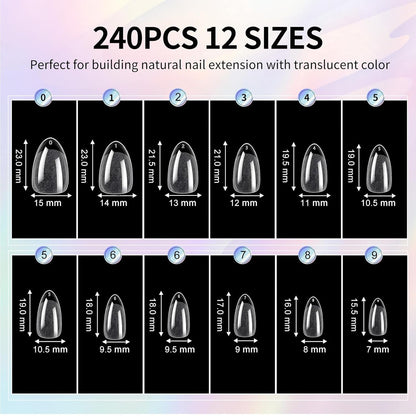 Almond Nail Tips Short Soft Gel Nail Tips 240Pcs Short Almond Full Cover Nails Tips Pre-Shaped Half Matte Gelly Press on Fake Nails Tip for Acrylic Nail Tip Extension Home DIY & Salon Nails 12 Sizes