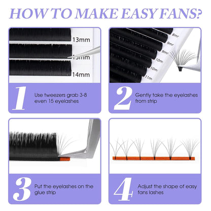 Easy Fan Volume for Lash Artists: Wendy, Handmade Fans for Eyelash Extensions, Self Fanning, Blooming, Black, D Curl, 0.03mm, 14-20mm, KH126