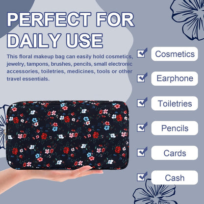 Waterproof Small Floral Makeup Bag Pouch for Purse,Nylon Flower Cosmetic Bag Preppy Travel Toiletry Storage Bag for Women Girl,Cute Makeup Organizer Bag Skincare Bag with Zipper(Small Black-Flowers)