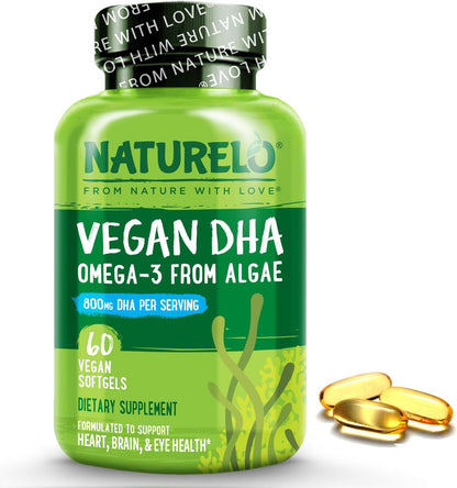 NATURELO Vegan DHA - Omega 3 Oil from Algae - Supplement for Brain, Heart, Joint, Eye Health - Provides Essential Fatty Acids for Women, Men and Kids - Complements Prenatal Vitamins - 60 Softgels