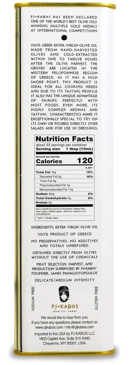 P.J. KABOS 2024/25 Harvest, High Phenolic (450+mg/kg), Premium Greek Extra Virgin Olive Oil, Kosher, Greece, Cold Extracted, 3 x 16.9 oz Tin, Koroneiki, "Family Reserve - Medium"