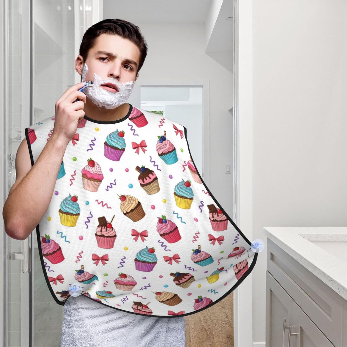 Waterproof Beard Trimming Bib, Non-Stick Hair Catcher for Men Shaving, Grooming Apron for Husband Dad, Sunmmer Colorful Ice Cream Cake Shave Bib