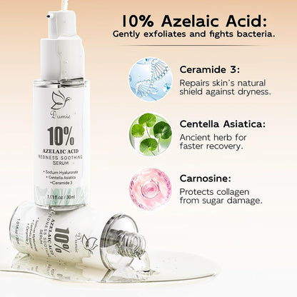 Azelaic Acid Serum 10%, Azelaic Acid for Face with Centella Asiatica Serum for Redness and Uneven Skin Tone, Hyaluronic Acid & Ceramide 3 – Soothes & Clears Pores for Sensitive Skin, 1.01 fl oz