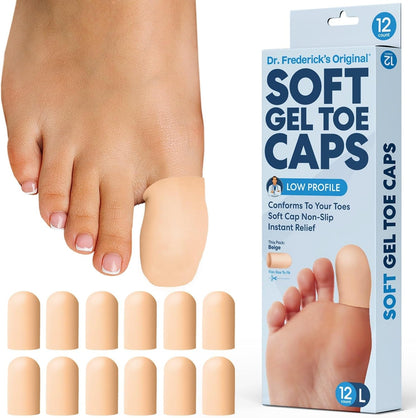 Dr. Frederick's Original Gel Toe Protectors for Men & Women - 12 ct - Toe Caps for Foot Pain Relief - Flexible Cushions for Ingrown Toenails, Corns, Calluses, Blisters, and Comfort -Beige - Large