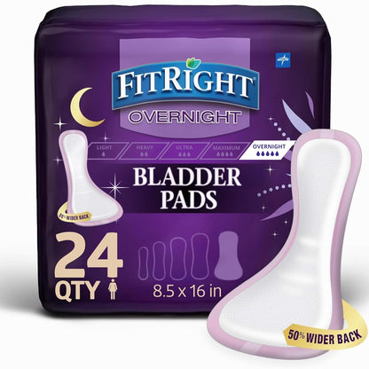 Medline FitRight Overnight Bladder Control Pads, Maximum Absorbency, Nighttime Incontinence Protection, 8.5 x 16, 24 Count per Bag (1 Bag)