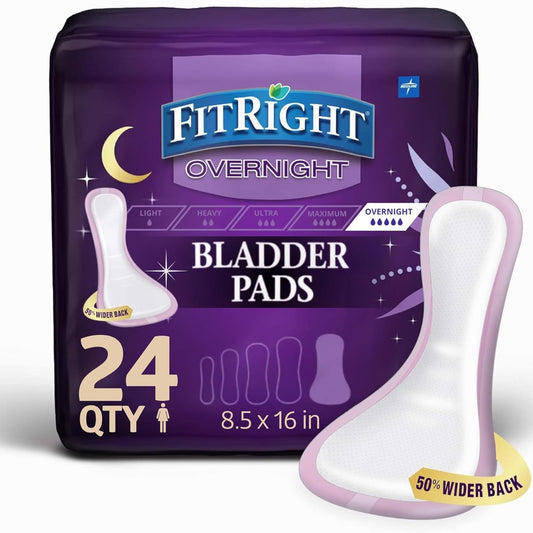 Medline FitRight Overnight Bladder Control Pads, Maximum Absorbency, Nighttime Incontinence Protection, 8.5 x 16, 24 Count per Bag (1 Bag)