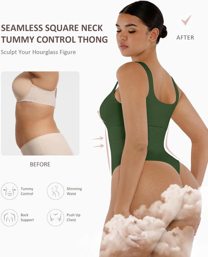 FeelinGirl Bodysuits for Women Seamless Square Neck Tummy Control Compression Thong Shapewear Bodysuit Tank Tops Bodysuit
