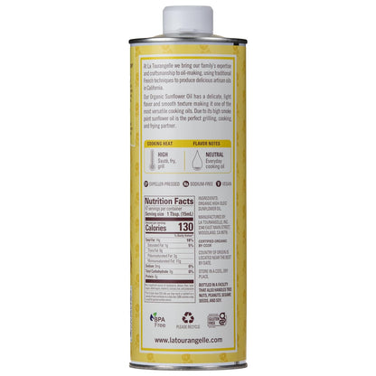 La Tourangelle, Organic High Oleic Sunflower Oil, Neutral Oil For Medium to High Heat Cooking and Skin Care, Non GMO, Pesticide and Chemical Free, 33.8 Fl Oz