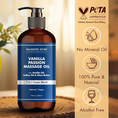 MAJESTIC PURE Vanilla Passion Massage Oil for Massage Therapy - Refreshing, and Relaxing - Natural Oils with Vanilla Oil, Coffee Oil & Shea Butter - for All Skin Types - Men and Women - 8 fl oz