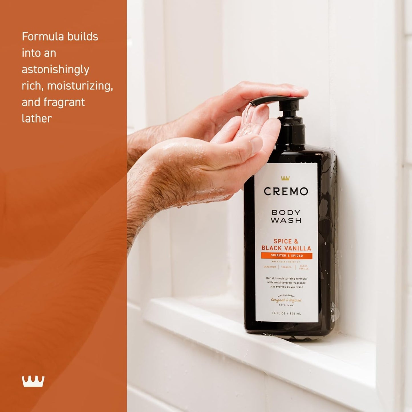 Cremo Rich-Lathering Spice & Black Vanilla Body Wash for Men, Notes of Spices, Dark Woods and Black Vanilla, 32 Fl Oz