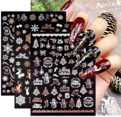 9 Sheets Christmas Nail Art Stickers Decals Self-Adhesive Pegatinas Uñas Rose Gold Snowflake Tree Winter Nail Supplies Nail Art Design Decoration Accessories