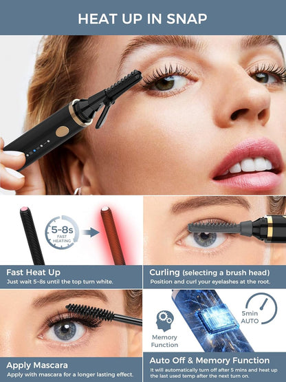 Smiling Shark Heated Eyelash Curler, 2025 New 360°Wand-Style Heated Lash Brush Rechargeable with 3 Brush Heads & 3 Temp 【Lengthen/Define/Curler】 3-in-1 Lash Curler for All Types of Lashes, Black