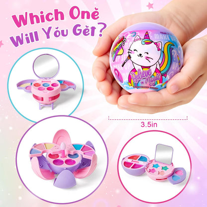 12 Pack Kids Makeup Blind Ball Party Favors - Surprise Cosmetic Blind Balls with Lip Gloss, Eyeshadow & Sponge Blusher (3 Styles, 2 with Mirrors), Party Favors Supplies Gifts for Girls