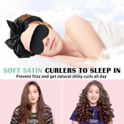 Satin Heatless Curls Overnight Hair Curlers to Sleep In Hair Curler Rollers No Heat Hair Wrap for Curls Headband, 70" Satin Heatless Curling Rod Set for Women Long Waves Hair Volume-Black 10PCS
