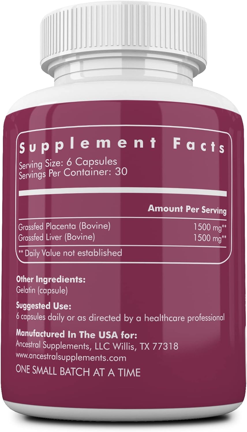 Ancestral Supplements Grass Fed Placenta Supplement with Liver, Contains Postpartum Vitamins for Women Breastfeeding, Promotes Menopause Relief, Stem Cells Support Skin Elasticity, 180 Capsules