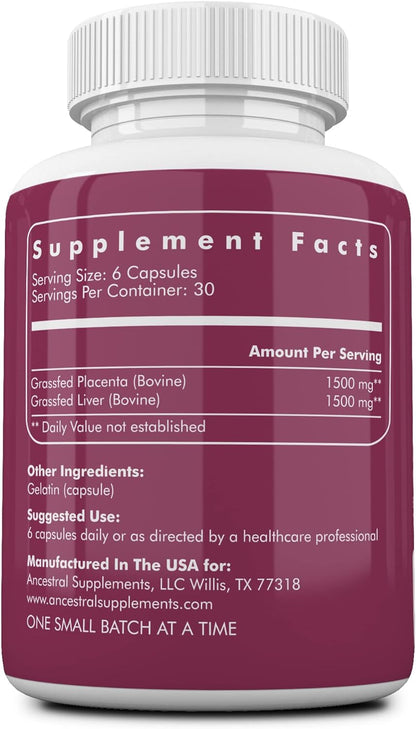 Ancestral Supplements Grass Fed Placenta Supplement with Liver, Contains Postpartum Vitamins for Women Breastfeeding, Promotes Menopause Relief, Stem Cells Support Skin Elasticity, 180 Capsules