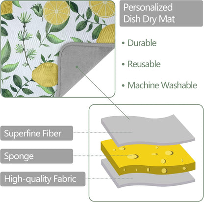 SHIYUE Dish Drying Mat for Kitchen Counter Super Absorbent Spring Kitchen Decor Microfiber Drying Matainers Rack Fast Pad Dish Drainer Mats(Yellow Lemon Green Leaves,16''x18'')