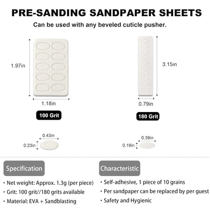 Pre-treatment Cuticle Pusher, Russian Prep Nail Pushers, Dual Ended Cuticle Remover with 100/180 Grit Sandpaper Sheets, Nail Care for Manicure Pedicure Nail Art