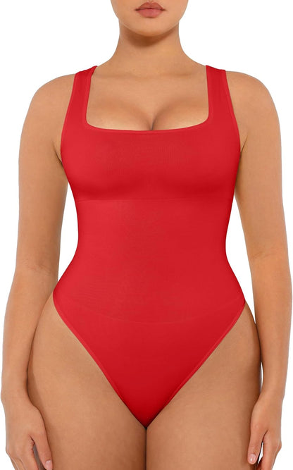 FeelinGirl Bodysuits for Women Seamless Square Neck Tummy Control Compression Thong Shapewear Bodysuit Tank Tops Bodysuit