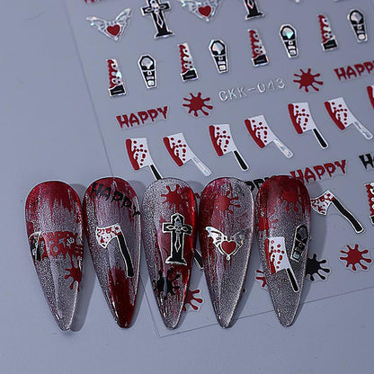 6 Sheets Halloween Nail Art Stickers 3D Self -Adhesive Bloods Hand Skeleton Nail Decals Holographic Blood Knives Nail Stickers Halloween Nail Decoration for Women Manicure Supplies