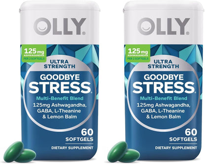 OLLY Ultra Strength Goodbye Stress Softgels, GABA, Ashwagandha, L-Theanine and Lemon Balm, Stress Relief Supplement - 60 Count (Pack of 2)