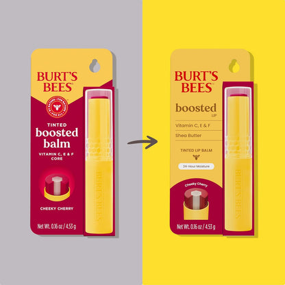 Burt's Bees Tinted Boosted Balm, Cheeky Cherry, Hydrating Tinted Lip Balm with Vitamin C, E, and F Core, 24 Hour Lip Moisturizer with Responsibly Sourced Beeswax, 100% Natural Origin, 1 Count, 0.16oz