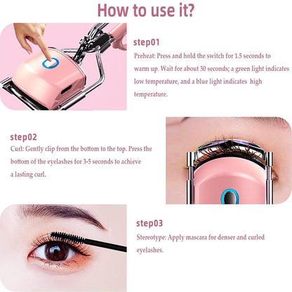 Pinkiou Heated Eyelash Curler for Women USB Rechargeable Lash Curler Long Lasting Ironing Electric Eyelash Curler with Silcone Pad Replacable Great Makeup Tools for Her