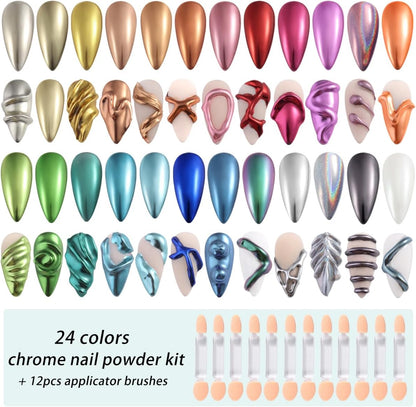 24 Colors Chrome Nail Powder Set Metallic Mirror Effect Gold Silver Pink Chrome Nail Powder White Pearl Iridescent Multi Chrome Powder for Nails Chameleon Rubbing Pigment Manicure Supplies
