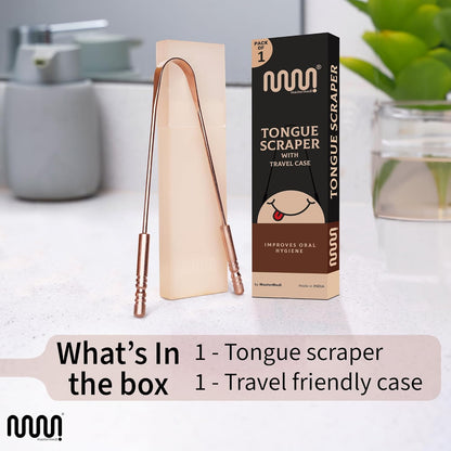 MasterMedi Pure Copper Tongue Scraper for Adults, Tongue Scrubber for Bad Breath, Easy to Use, Tongue Cleaner for Oral Care & Hygiene (Copper Pack of 1 With Case)