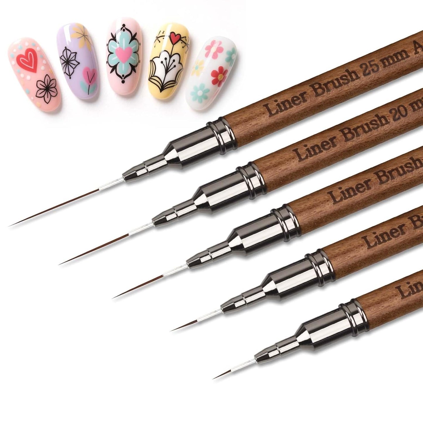 Artdone Wood Grain Nail Art Pens, Liner Brushes Set, 5PCS Brown Color Nail Tools For Long Lines, Thin Details, Fine Drawing, Liner Brush UV Gel Polish Painting Nail Design Sizes 5/12/13/20/25mm