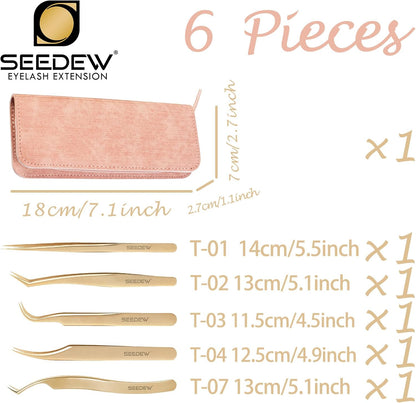 Tweezers Eyelash Extension 5 Pieces Stainless Steel Straight and Curved Professional Set Supplies with a Storage Bag for Lash Tech, Lash Artist Beginner Making Volume Classic Fans(Golden, Pink)