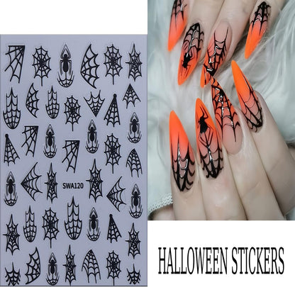 6 Sheets Halloween Spider Web Nail Art Stickers 3D Self -Adhesive Spider Web and Spider Nail Decals Holographic Black Gold Silver Nail Stickers Halloween Nail Decoration for Women Manicure Supplies