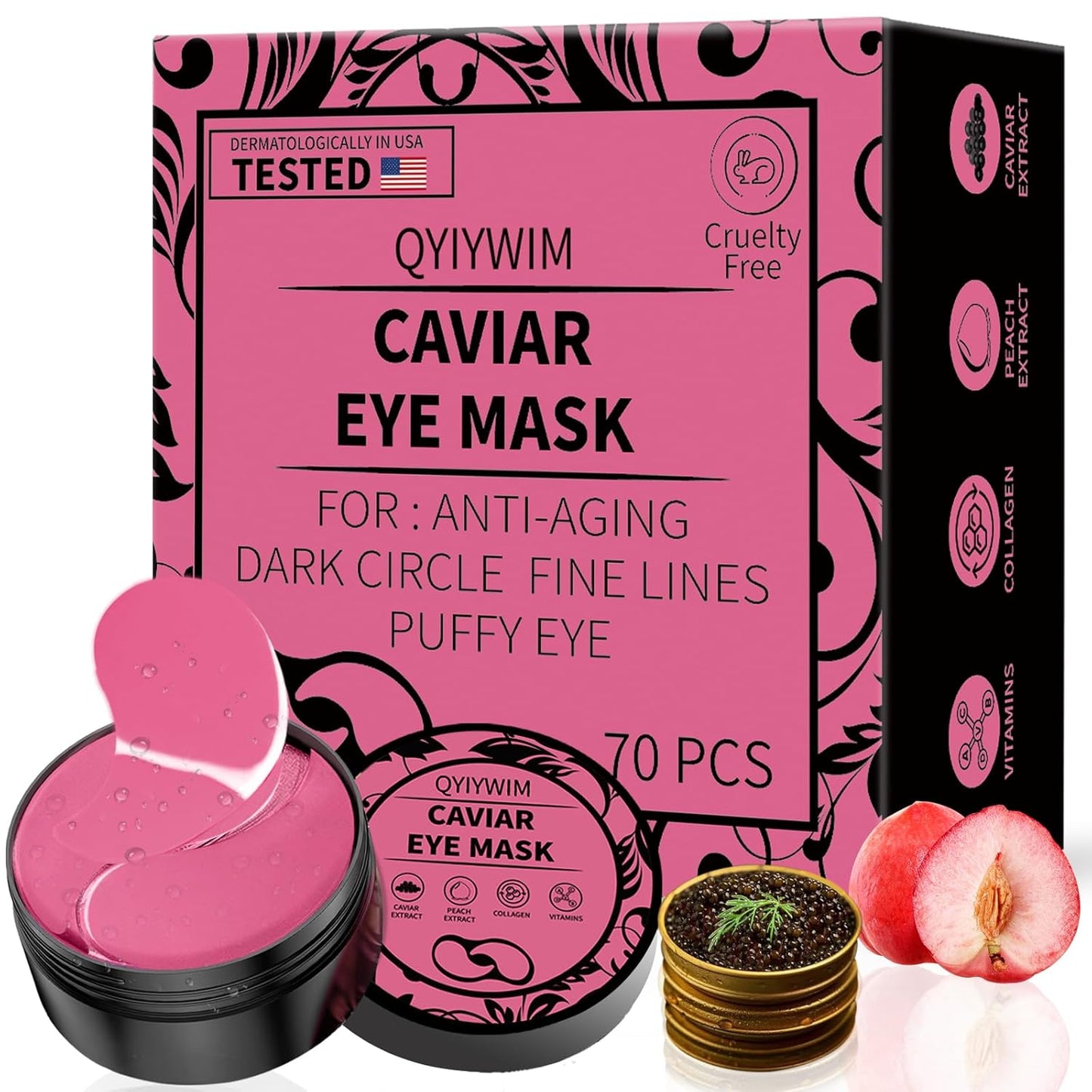 Under Eye Patches 70PCS, Peach Caviar Eye Patches for Puffy Eyes Treatment, Under Eye Masks for Dark Circles and Puffiness, Non-Irritating Eye Mask Patches Skincare, Eyes Bags Treatment, Eye Gel Pads