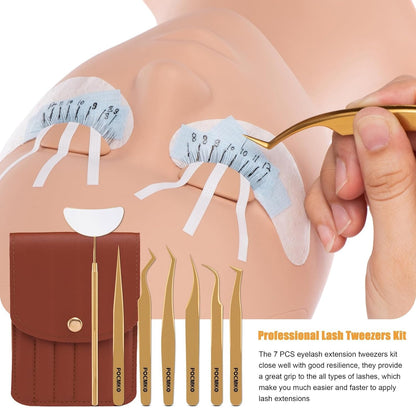 Lash Tweezers for Eyelash Extensions, Professional Eyelash Tweezer Set, Lash Extension Tweezer Kit (Set of 7, Gold)