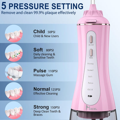 Water Dental Flosser for Teeth - 350ML Large Tank 5 Modes & 6 Tips Cordless, Oral Irrigator Waterproof, Portable Teeth Cleaning and Flossing with Effective Plaque Remover for Adults (Pink)
