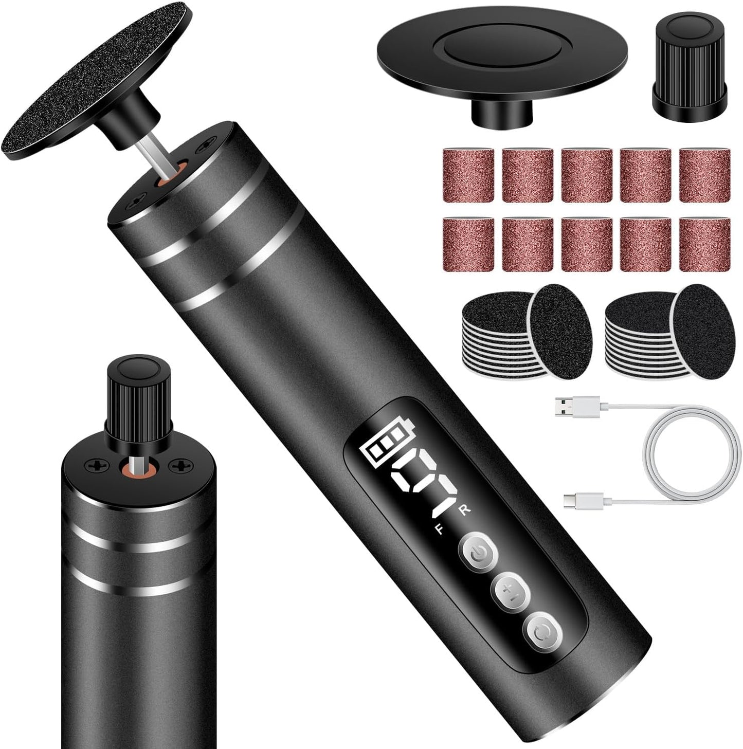 EAONE Portable Electric Foot File-Callus Remover for Feet, Professional 2 in 1 Foot/Nail Filer -Digital Display for Battery Level & 9 Speed Control-Rechargeable Pedicure Tool for Dead Skin (Black)