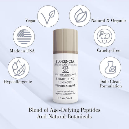 Florencia Brightening Luminous Peptide Serum - Age-Defying Face Serum with Peptides, Sodium Hyaluronate & Organic Botanicals – Helps to Reduce Wrinkles, Illuminate Complexion, 1 Oz