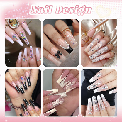 Flatback Pearls (White) and Metal Nail Beads (Silver) and Glass Rhinestones (Clear+AB) with Rhinestones Glue Gel for Nail Art, Pearl Nail Charms and Round Caviar Beads Crystals Gem for Manicure Decor