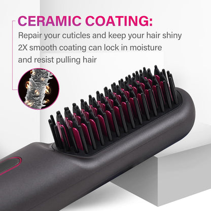 Rechargeable Hot Hair Brush Straightener Heat Pressing Combs Ceramic Electric Straightening Comb, Anti Burn for Natural Black Hair Beard Wigs Holiday Gifts